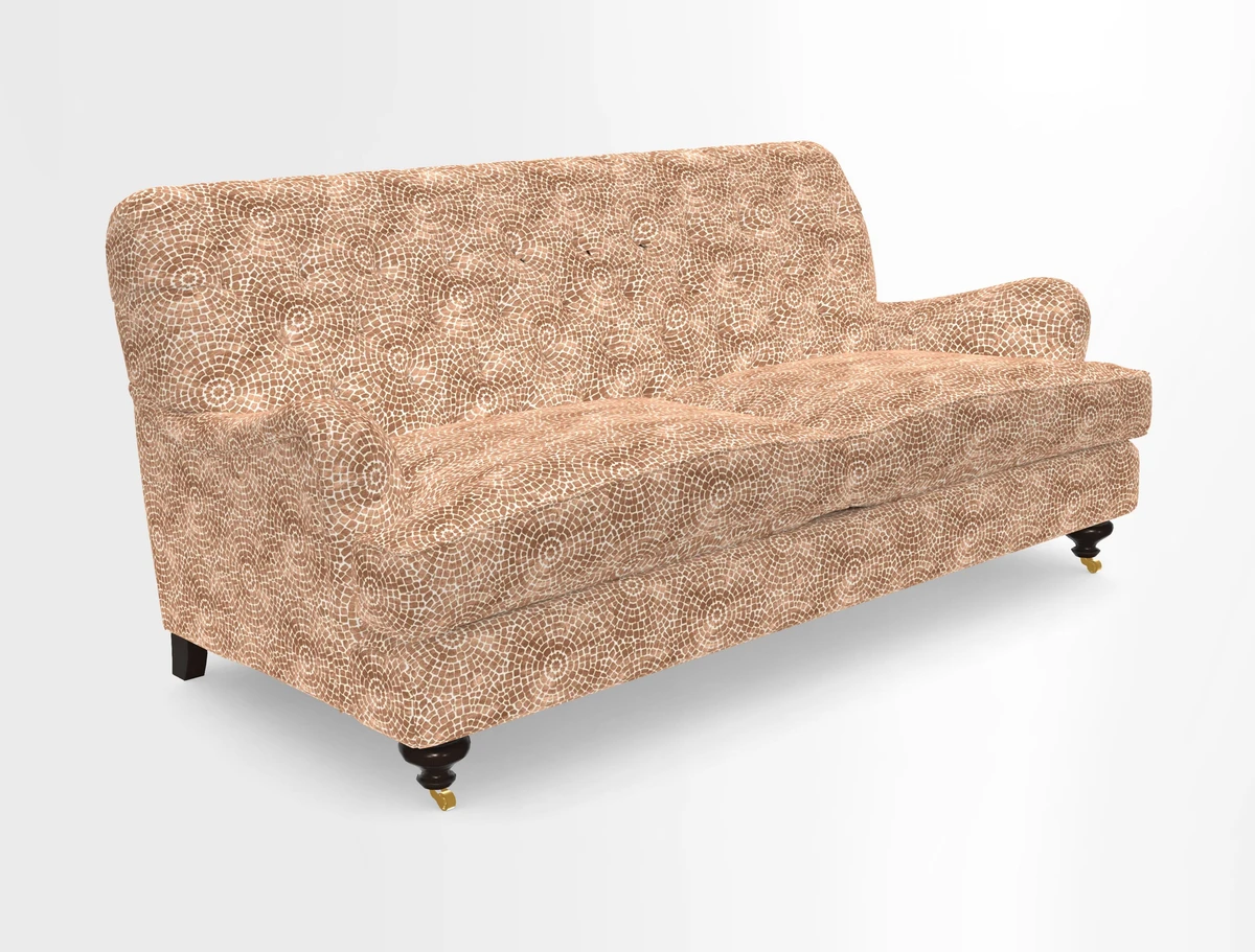 Chiddingfold 3 Seater Sofa in Omega Velvet Tawny Velvet and V&A Threads of India Regal Arabesque Flame with scatters in Sulawesi Splendour Jasper