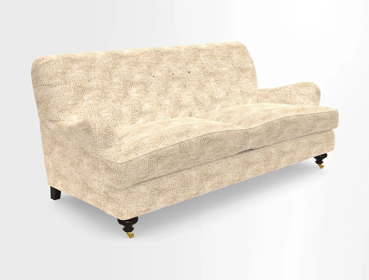 Chiddingfold 3 Seater Sofa in Omega Velvet Tawny Velvet and V&A Threads of India Regal Arabesque Flame with scatters in Sulawesi Splendour Jasper