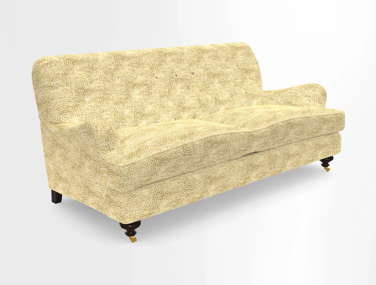 Chiddingfold 3 Seater Sofa in Omega Velvet Tawny Velvet and V&A Threads of India Regal Arabesque Flame with scatters in Sulawesi Splendour Jasper