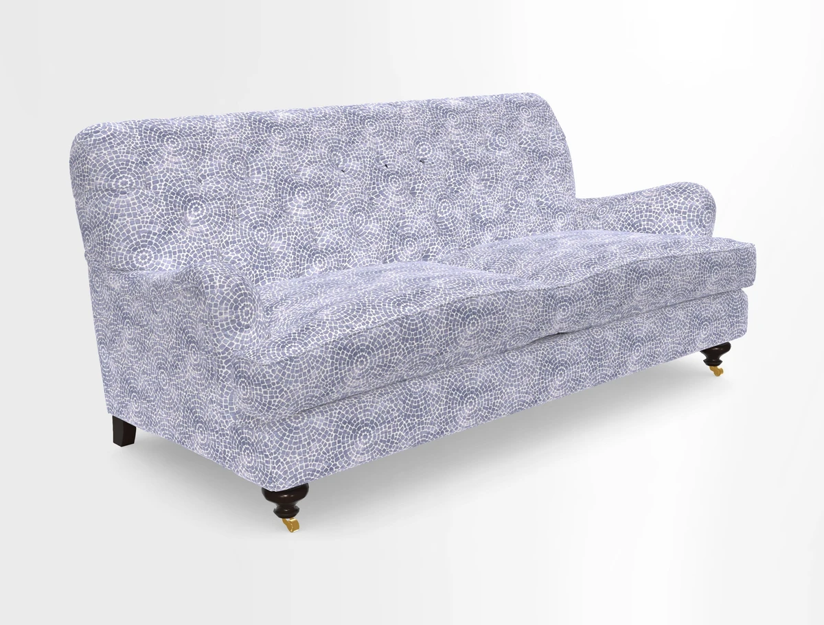 Chiddingfold 3 Seater Sofa in Omega Velvet Tawny Velvet and V&A Threads of India Regal Arabesque Flame with scatters in Sulawesi Splendour Jasper