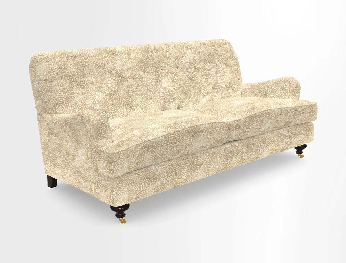 Chiddingfold 3 Seater Sofa in Omega Velvet Tawny Velvet and V&A Threads of India Regal Arabesque Flame with scatters in Sulawesi Splendour Jasper