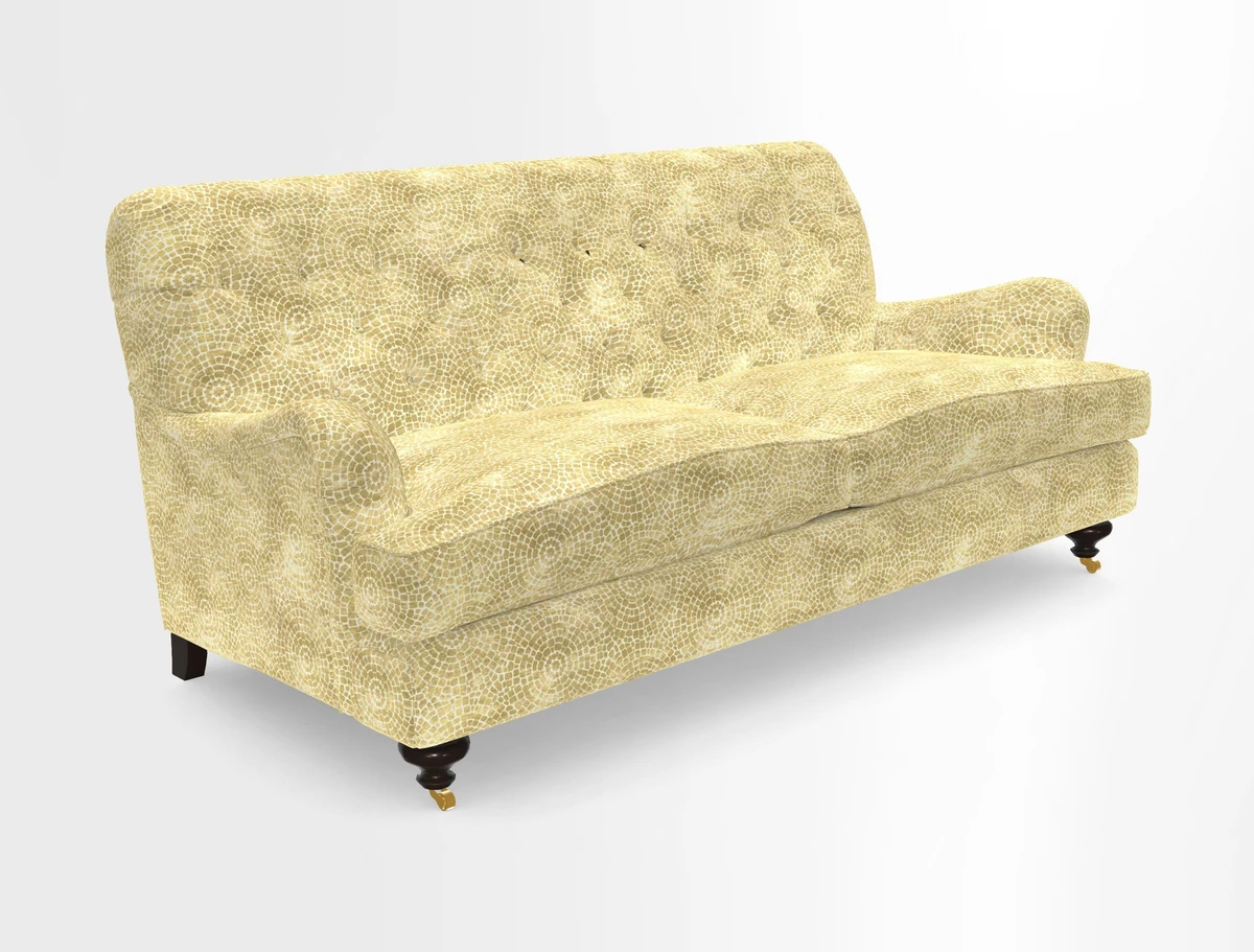 Chiddingfold 3 Seater Sofa in Omega Velvet Tawny Velvet and V&A Threads of India Regal Arabesque Flame with scatters in Sulawesi Splendour Jasper