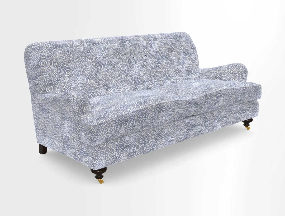 Chiddingfold 3 Seater Sofa in Omega Velvet Tawny Velvet and V&A Threads of India Regal Arabesque Flame with scatters in Sulawesi Splendour Jasper