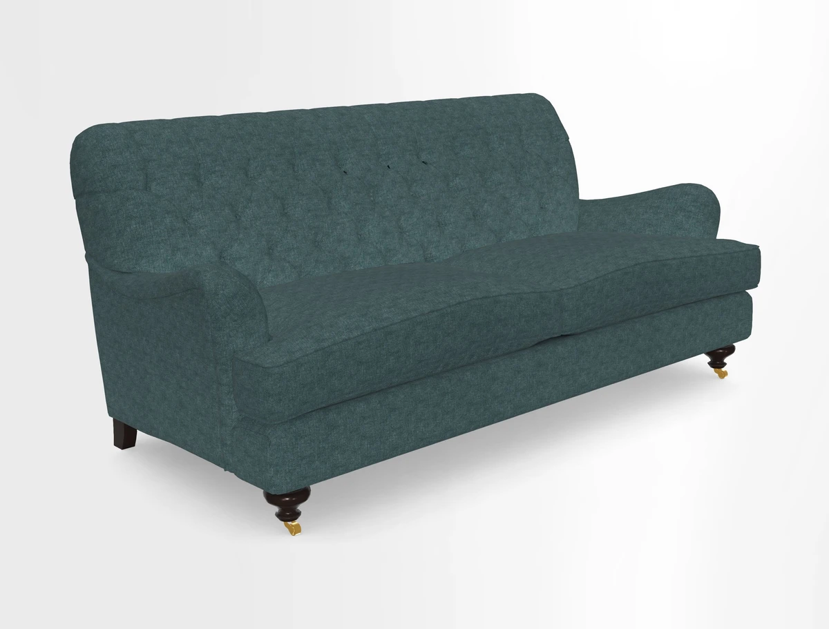 Chiddingfold 3 Seater Sofa in Omega Velvet Tawny Velvet and V&A Threads of India Regal Arabesque Flame with scatters in Sulawesi Splendour Jasper