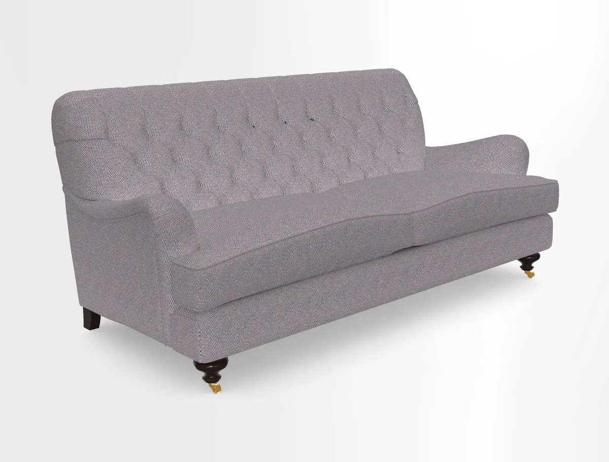 Chiddingfold 3 Seater Sofa in Omega Velvet Tawny Velvet and V&A Threads of India Regal Arabesque Flame with scatters in Sulawesi Splendour Jasper