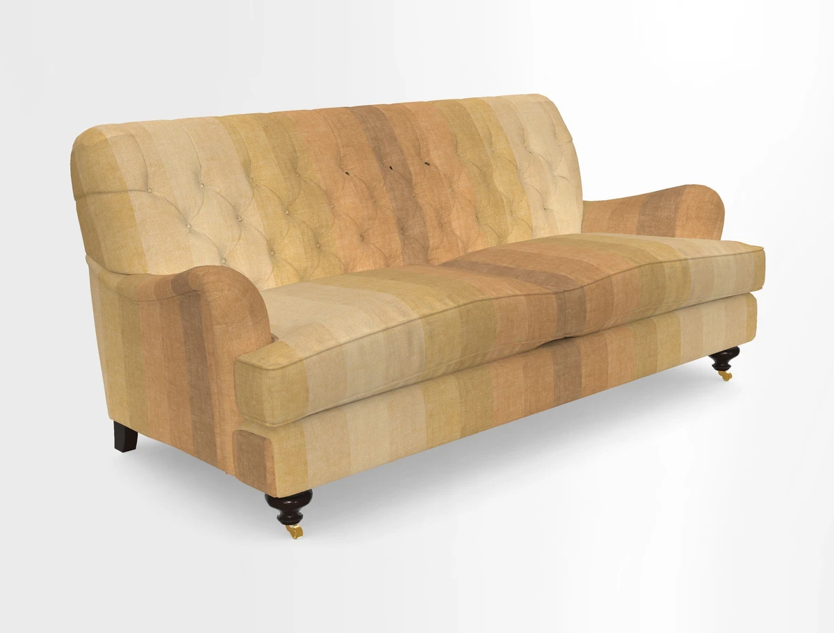 Chiddingfold 3 Seater Sofa in Omega Velvet Tawny Velvet and V&A Threads of India Regal Arabesque Flame with scatters in Sulawesi Splendour Jasper