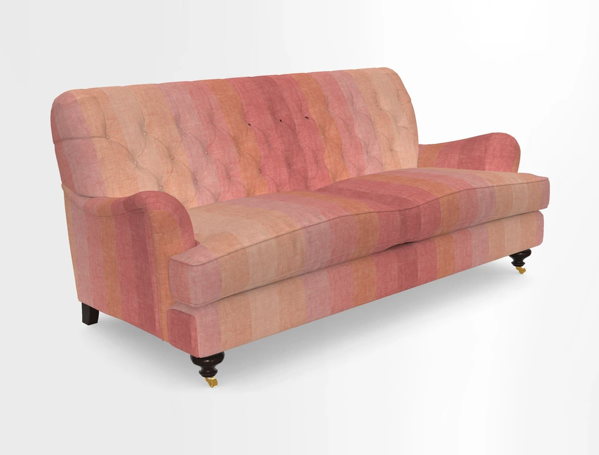 Chiddingfold 3 Seater Sofa in Omega Velvet Tawny Velvet and V&A Threads of India Regal Arabesque Flame with scatters in Sulawesi Splendour Jasper