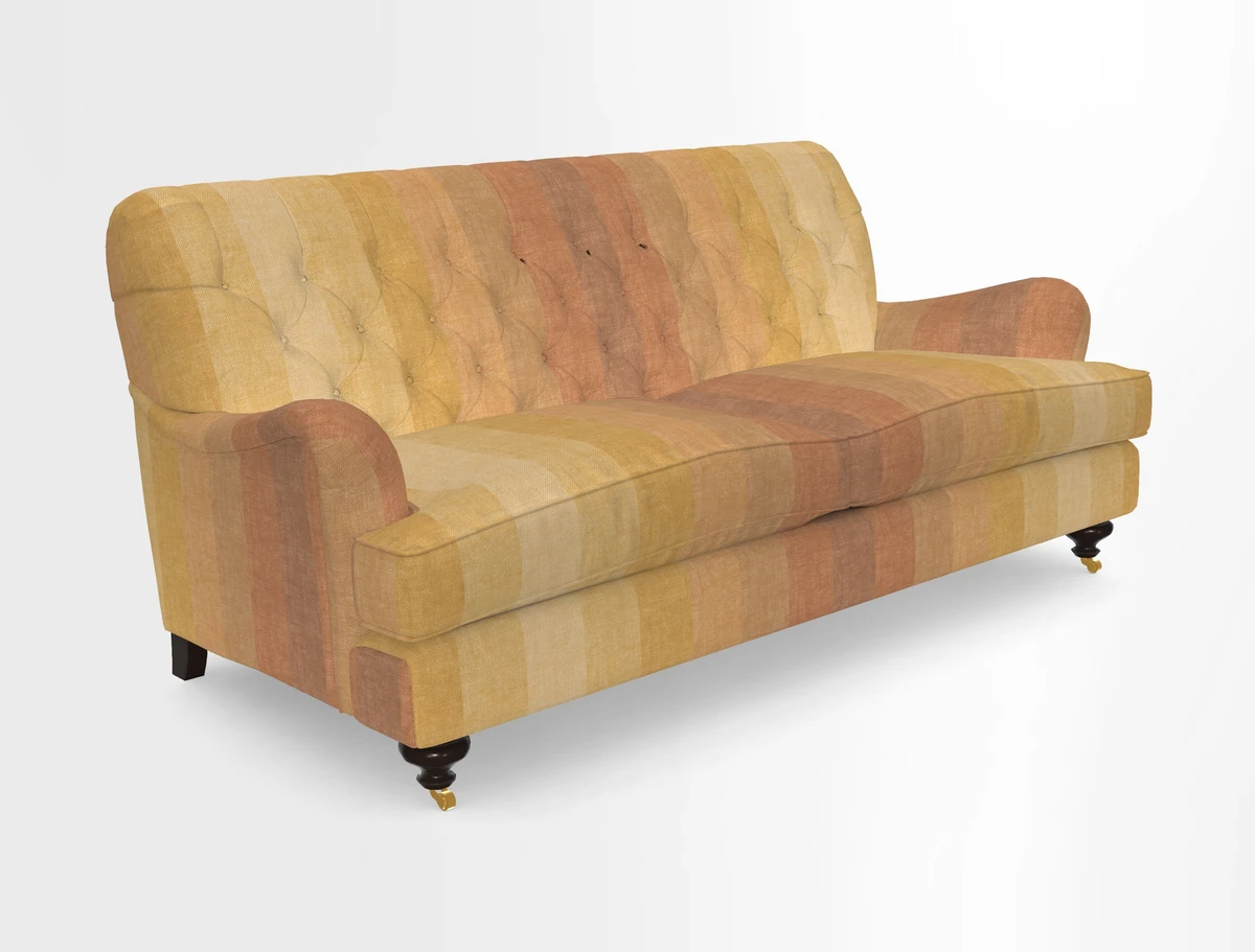Chiddingfold 3 Seater Sofa in Omega Velvet Tawny Velvet and V&A Threads of India Regal Arabesque Flame with scatters in Sulawesi Splendour Jasper
