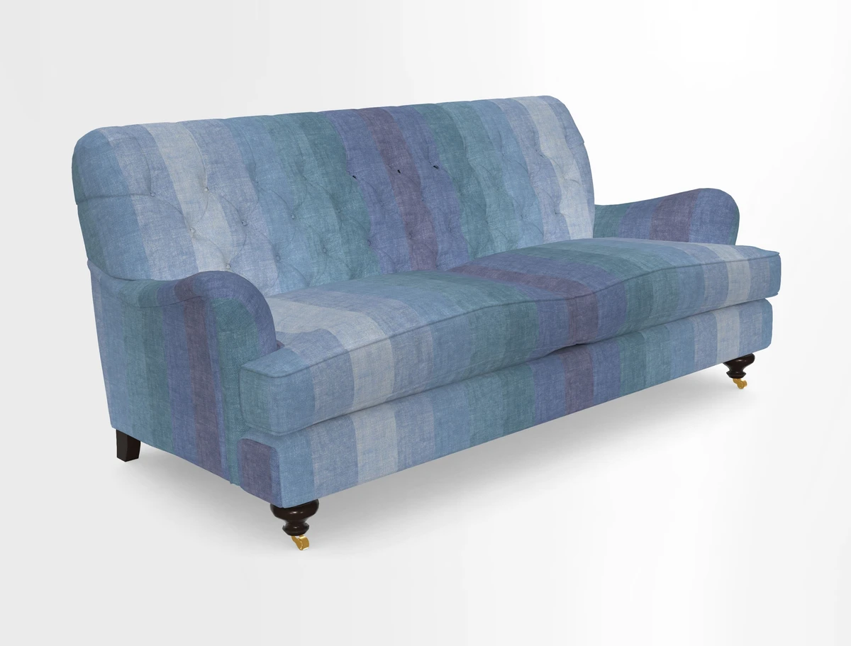 Chiddingfold 3 Seater Sofa in Omega Velvet Tawny Velvet and V&A Threads of India Regal Arabesque Flame with scatters in Sulawesi Splendour Jasper
