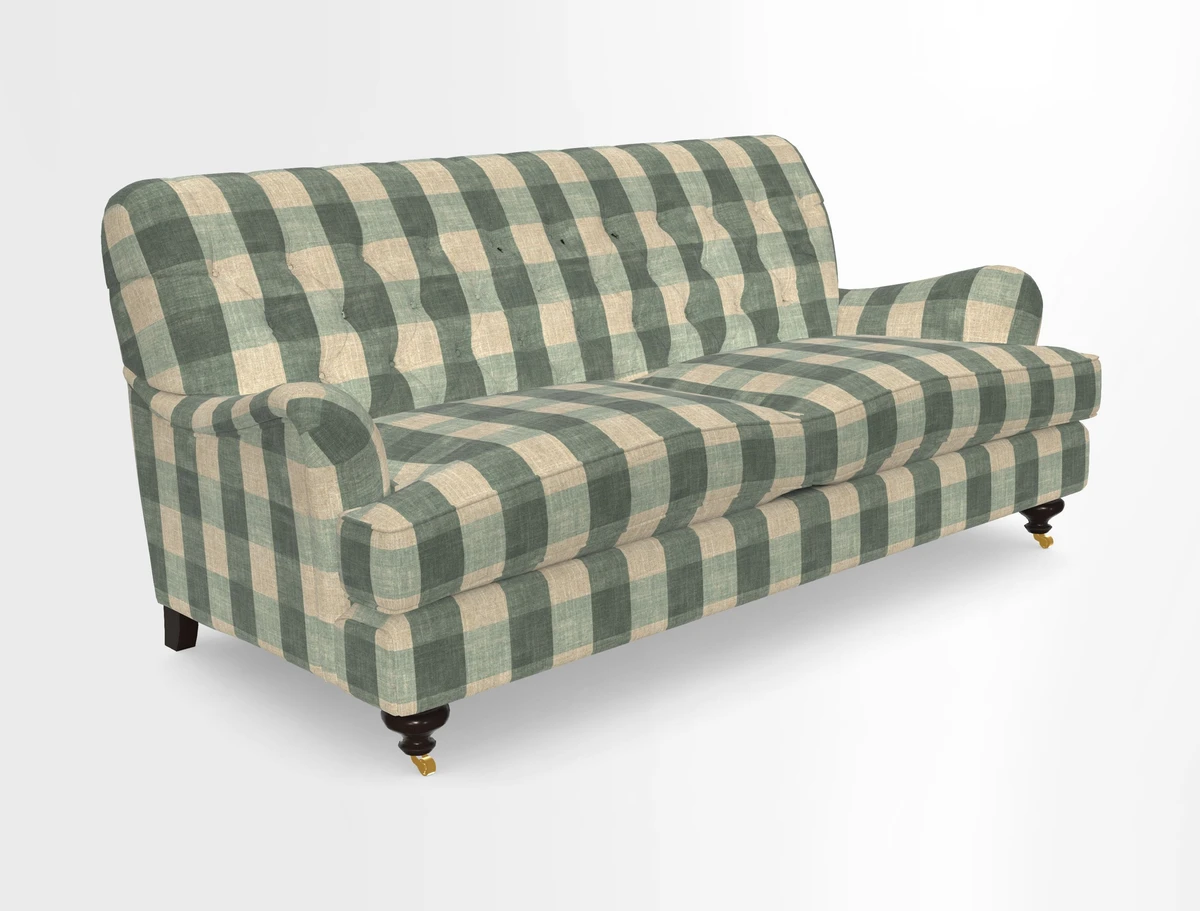Chiddingfold 3 Seater Sofa in Omega Velvet Tawny Velvet and V&A Threads of India Regal Arabesque Flame with scatters in Sulawesi Splendour Jasper