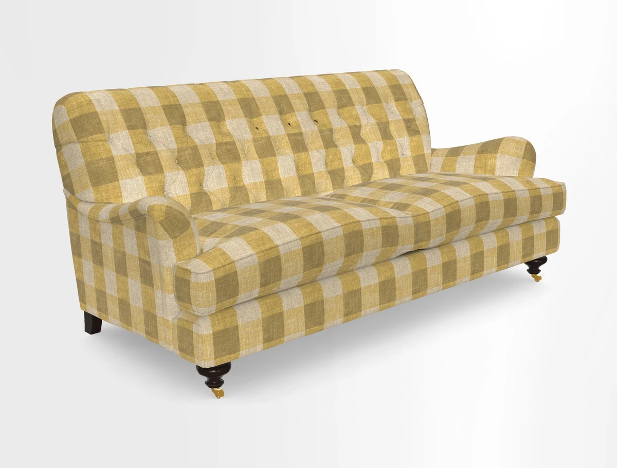 Chiddingfold 3 Seater Sofa in Omega Velvet Tawny Velvet and V&A Threads of India Regal Arabesque Flame with scatters in Sulawesi Splendour Jasper