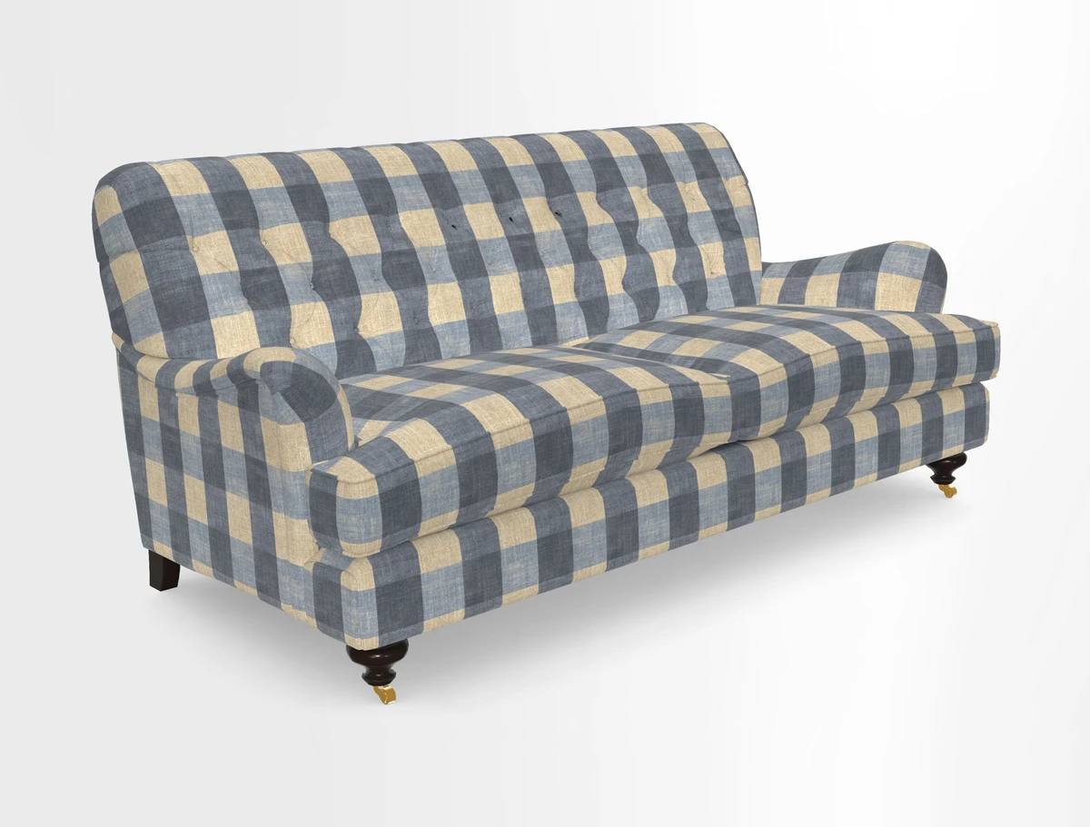 Chiddingfold 3 Seater Sofa in Omega Velvet Tawny Velvet and V&A Threads of India Regal Arabesque Flame with scatters in Sulawesi Splendour Jasper