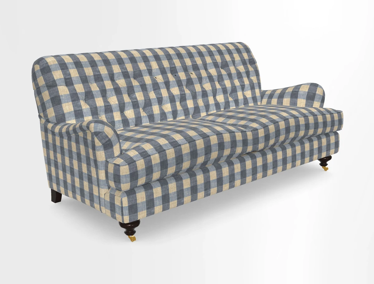 Chiddingfold 3 Seater Sofa in Omega Velvet Tawny Velvet and V&A Threads of India Regal Arabesque Flame with scatters in Sulawesi Splendour Jasper