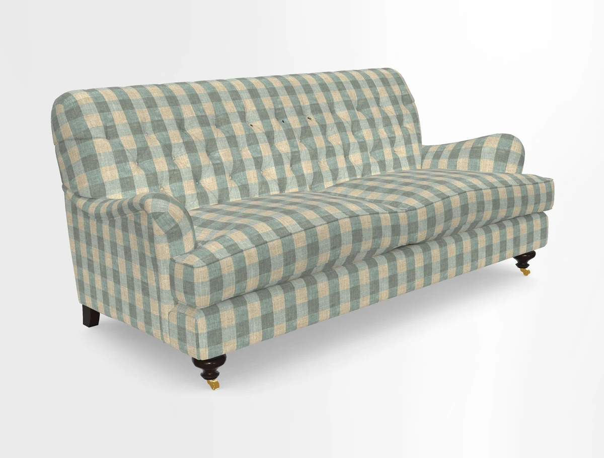 Chiddingfold 3 Seater Sofa in Omega Velvet Tawny Velvet and V&A Threads of India Regal Arabesque Flame with scatters in Sulawesi Splendour Jasper