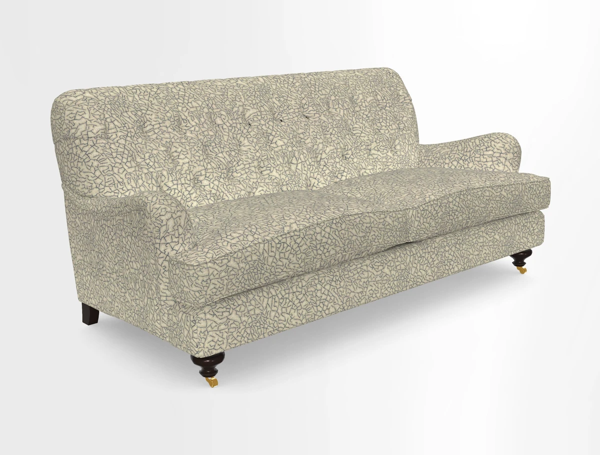 Chiddingfold 3 Seater Sofa in Omega Velvet Tawny Velvet and V&A Threads of India Regal Arabesque Flame with scatters in Sulawesi Splendour Jasper