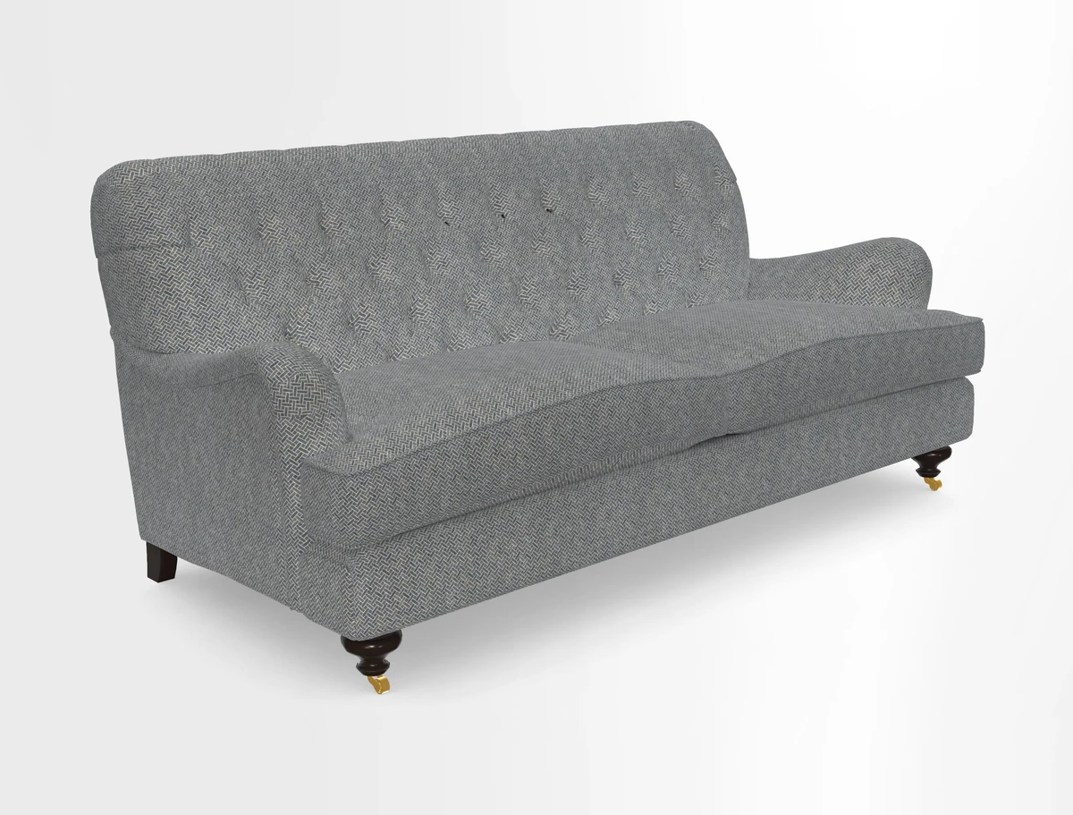 Chiddingfold 3 Seater Sofa in Omega Velvet Tawny Velvet and V&A Threads of India Regal Arabesque Flame with scatters in Sulawesi Splendour Jasper