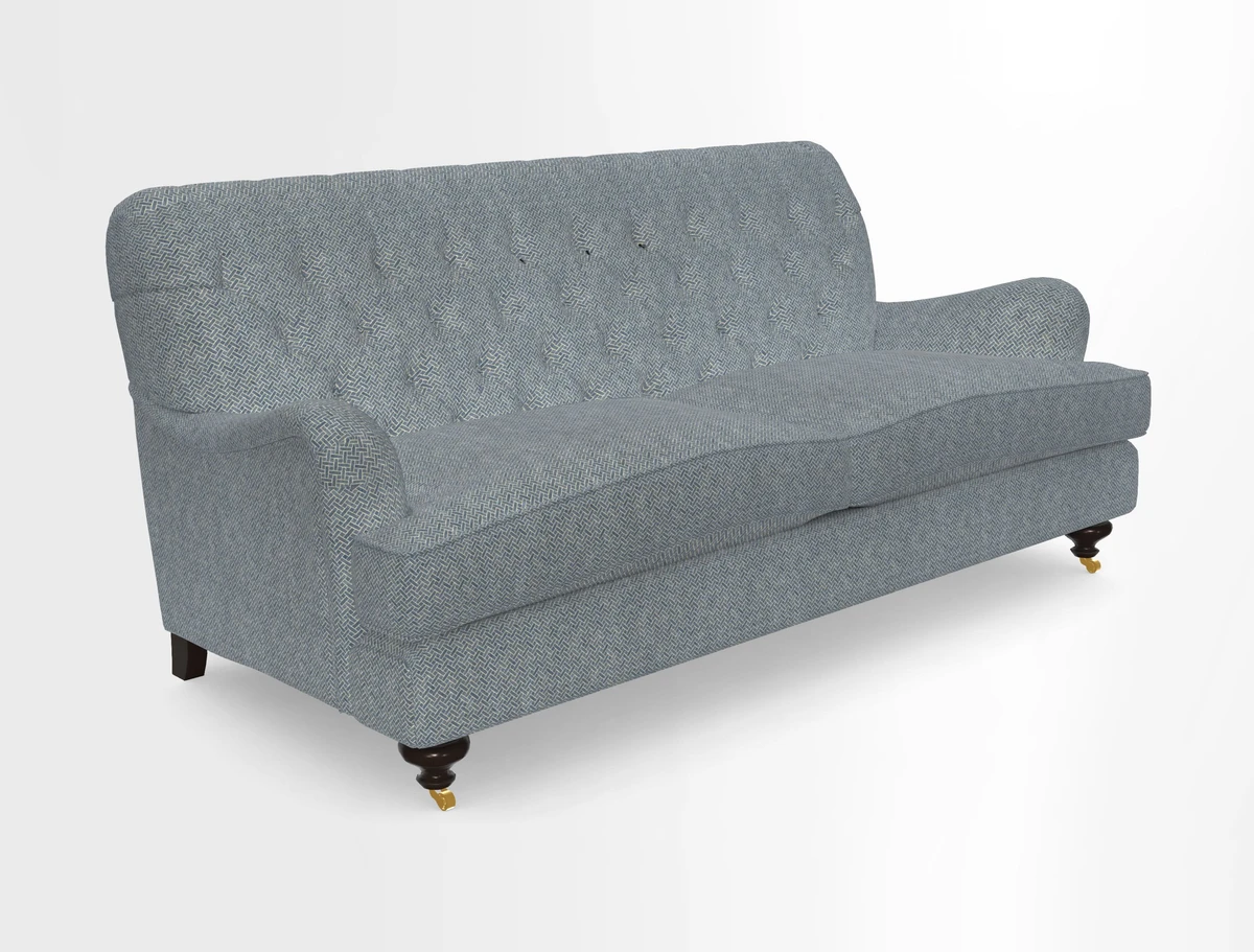 Chiddingfold 3 Seater Sofa in Omega Velvet Tawny Velvet and V&A Threads of India Regal Arabesque Flame with scatters in Sulawesi Splendour Jasper