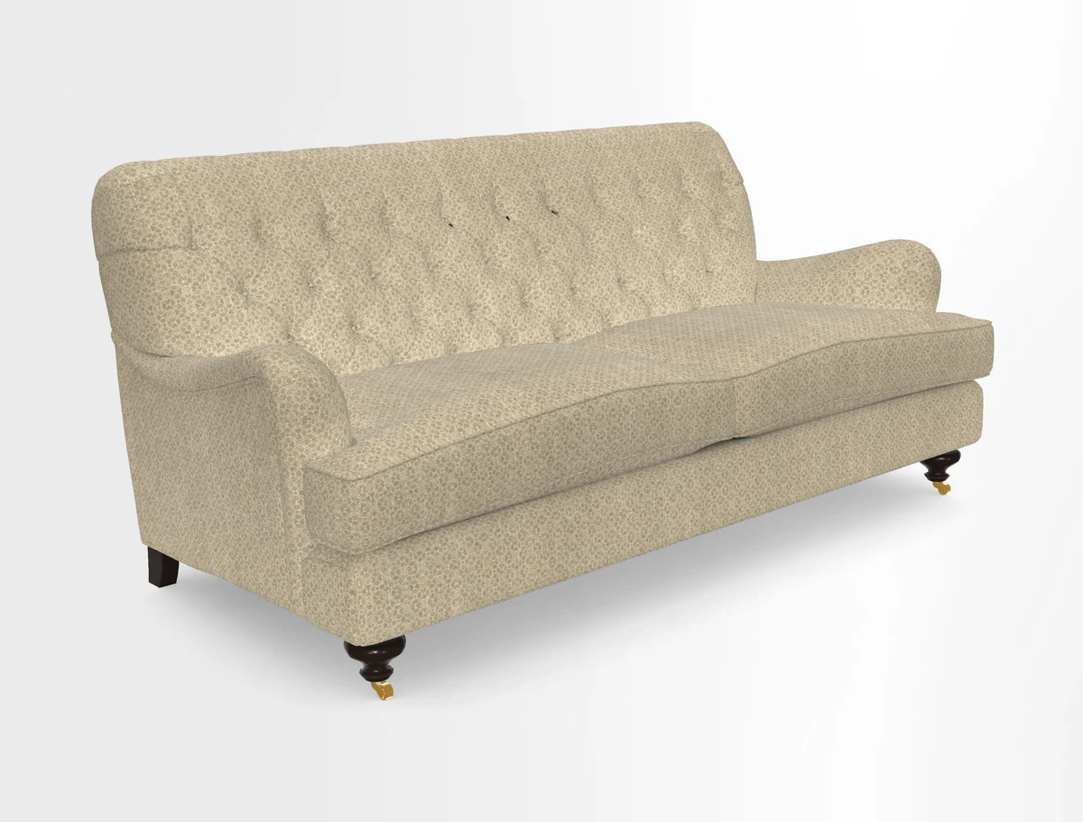 Chiddingfold 3 Seater Sofa in Omega Velvet Tawny Velvet and V&A Threads of India Regal Arabesque Flame with scatters in Sulawesi Splendour Jasper
