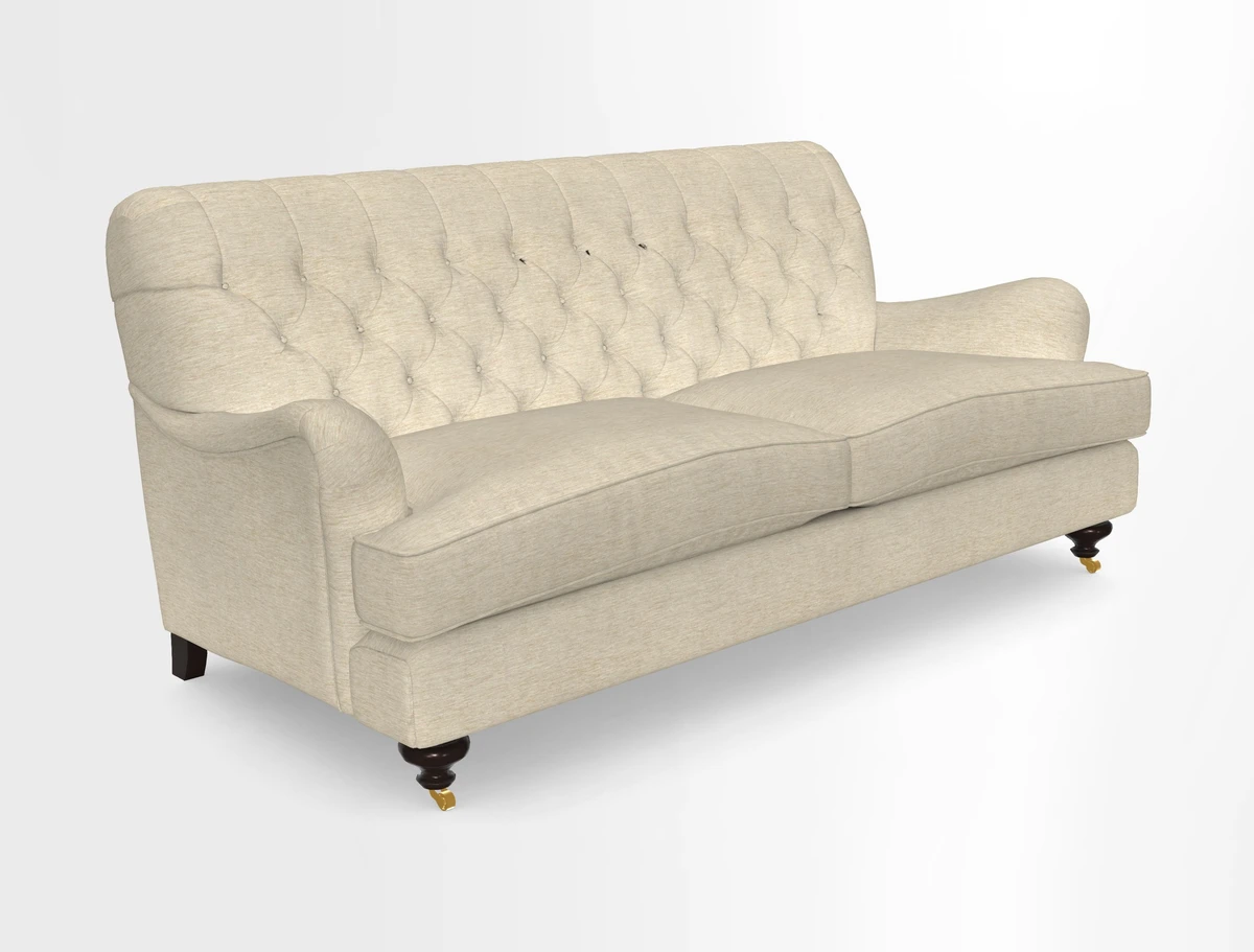 Chiddingfold 3 Seater Sofa in Omega Velvet Tawny Velvet and V&A Threads of India Regal Arabesque Flame with scatters in Sulawesi Splendour Jasper