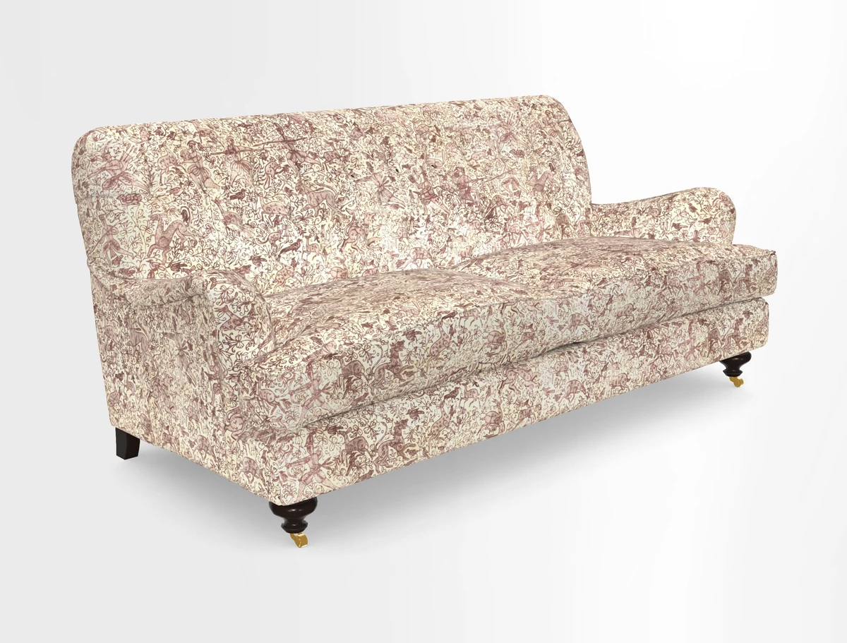 Chiddingfold 3 Seater Sofa in Omega Velvet Tawny Velvet and V&A Threads of India Regal Arabesque Flame with scatters in Sulawesi Splendour Jasper