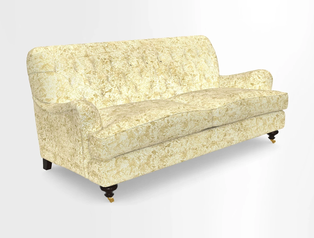 Chiddingfold 3 Seater Sofa in Omega Velvet Tawny Velvet and V&A Threads of India Regal Arabesque Flame with scatters in Sulawesi Splendour Jasper