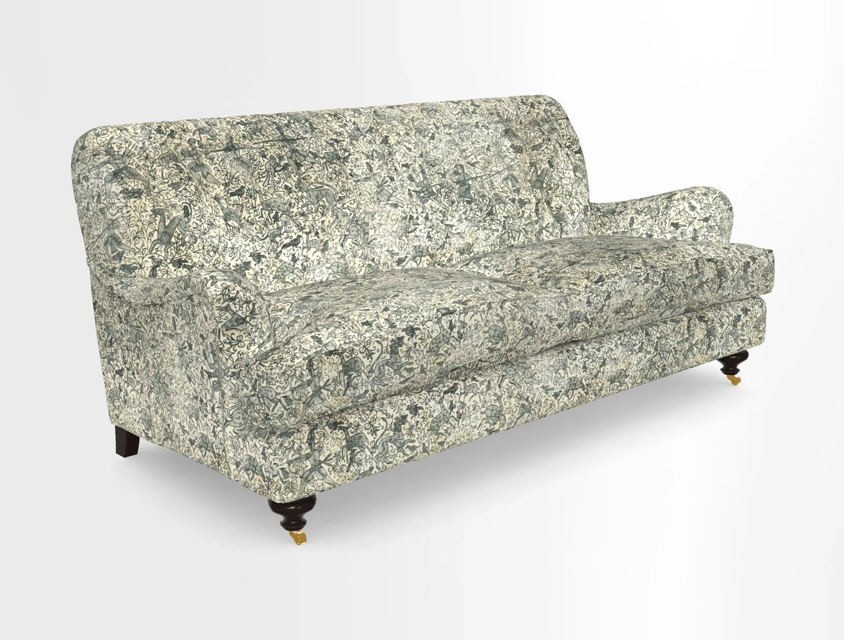 Chiddingfold 3 Seater Sofa in Omega Velvet Tawny Velvet and V&A Threads of India Regal Arabesque Flame with scatters in Sulawesi Splendour Jasper