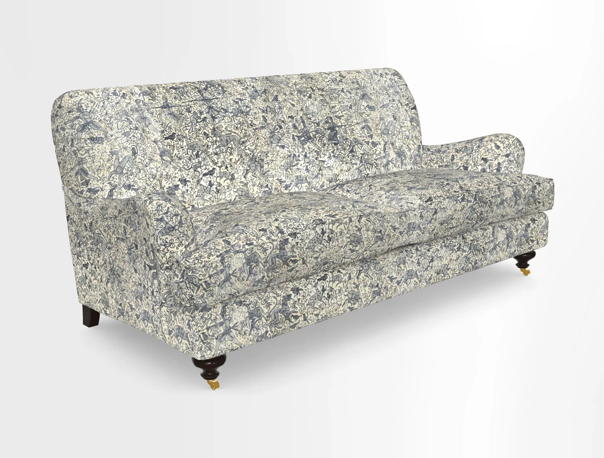Chiddingfold 3 Seater Sofa in Omega Velvet Tawny Velvet and V&A Threads of India Regal Arabesque Flame with scatters in Sulawesi Splendour Jasper