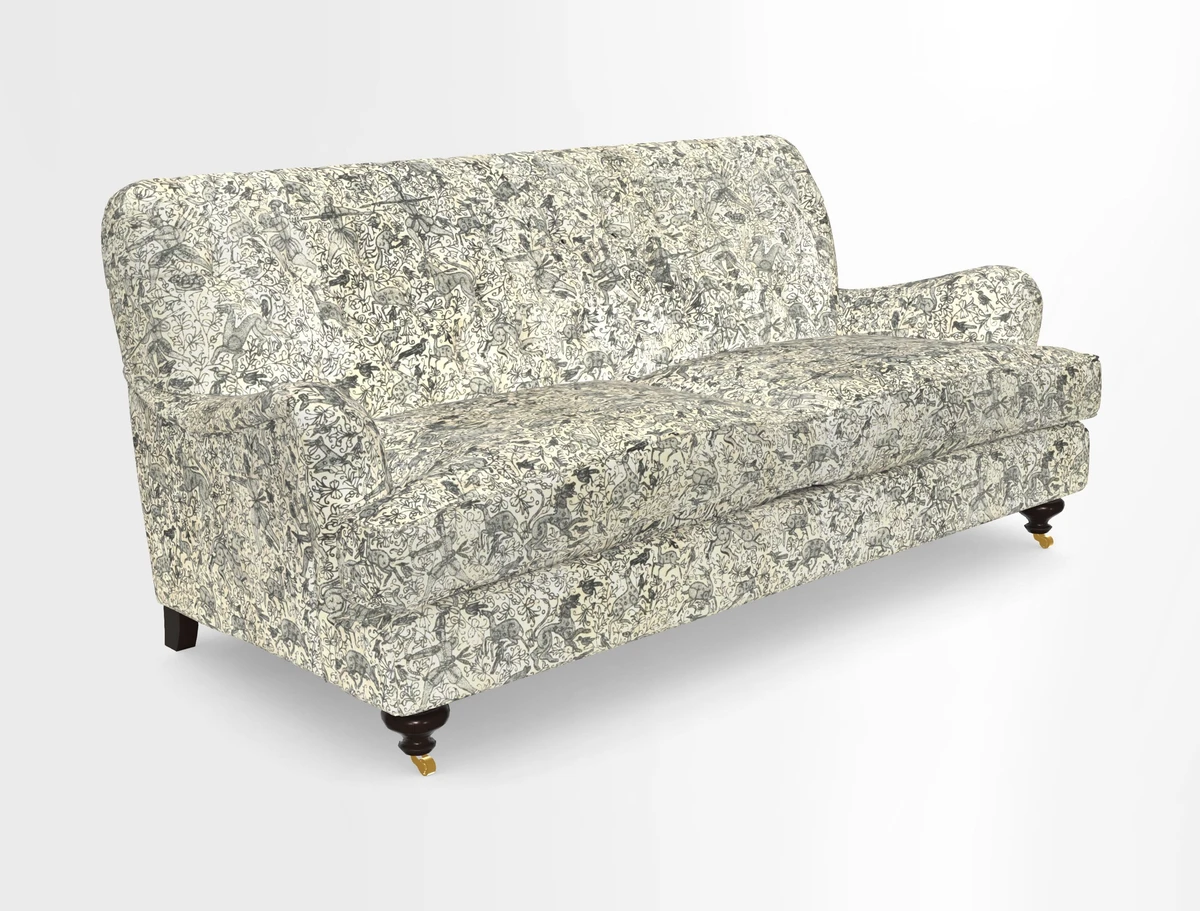 Chiddingfold 3 Seater Sofa in Omega Velvet Tawny Velvet and V&A Threads of India Regal Arabesque Flame with scatters in Sulawesi Splendour Jasper