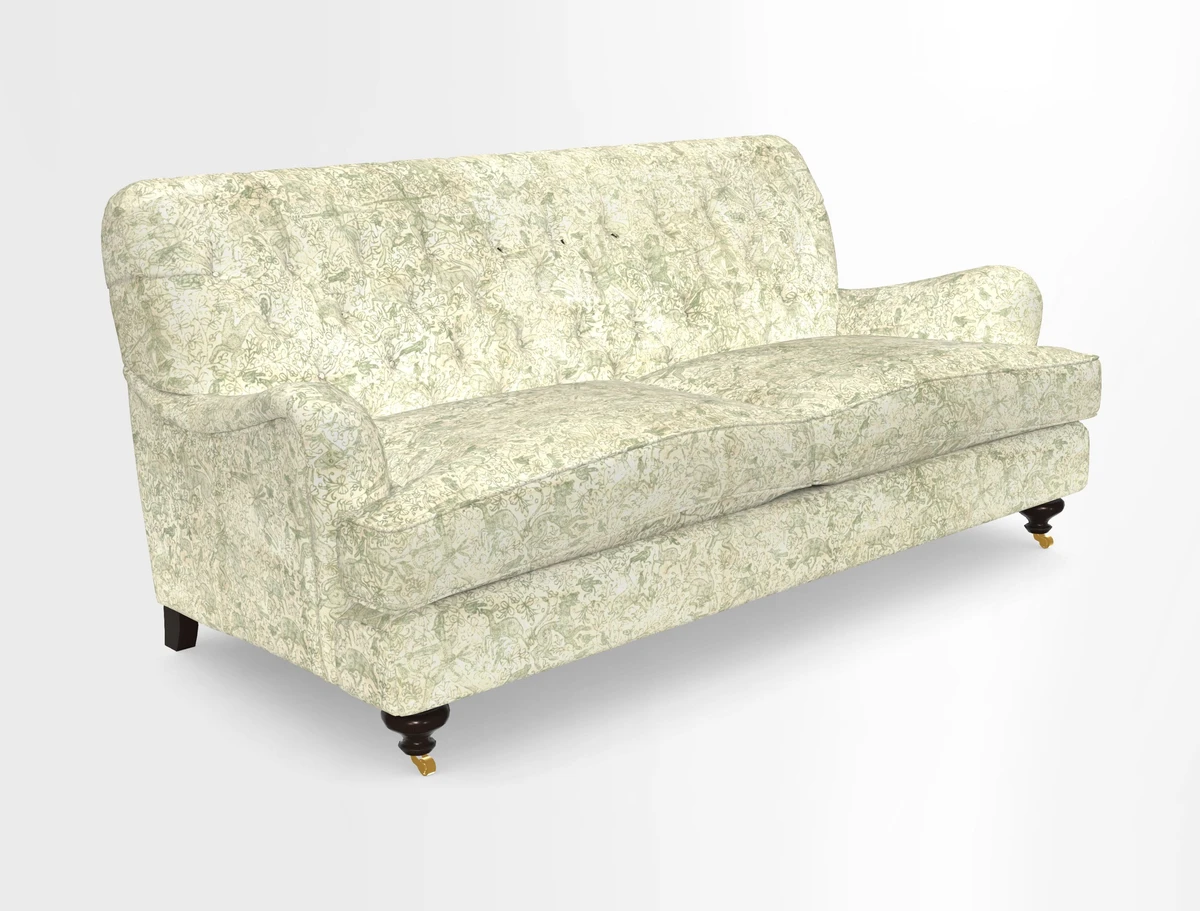 Chiddingfold 3 Seater Sofa in Omega Velvet Tawny Velvet and V&A Threads of India Regal Arabesque Flame with scatters in Sulawesi Splendour Jasper
