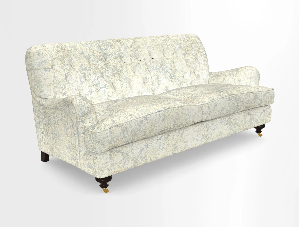 Chiddingfold 3 Seater Sofa in Omega Velvet Tawny Velvet and V&A Threads of India Regal Arabesque Flame with scatters in Sulawesi Splendour Jasper
