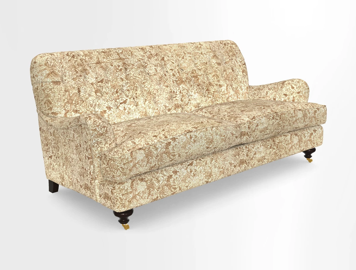 Chiddingfold 3 Seater Sofa in Omega Velvet Tawny Velvet and V&A Threads of India Regal Arabesque Flame with scatters in Sulawesi Splendour Jasper
