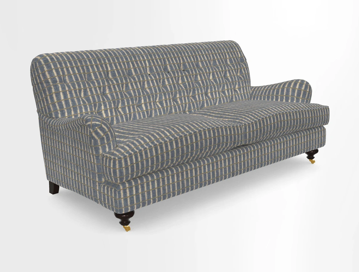 Chiddingfold 3 Seater Sofa in Omega Velvet Tawny Velvet and V&A Threads of India Regal Arabesque Flame with scatters in Sulawesi Splendour Jasper