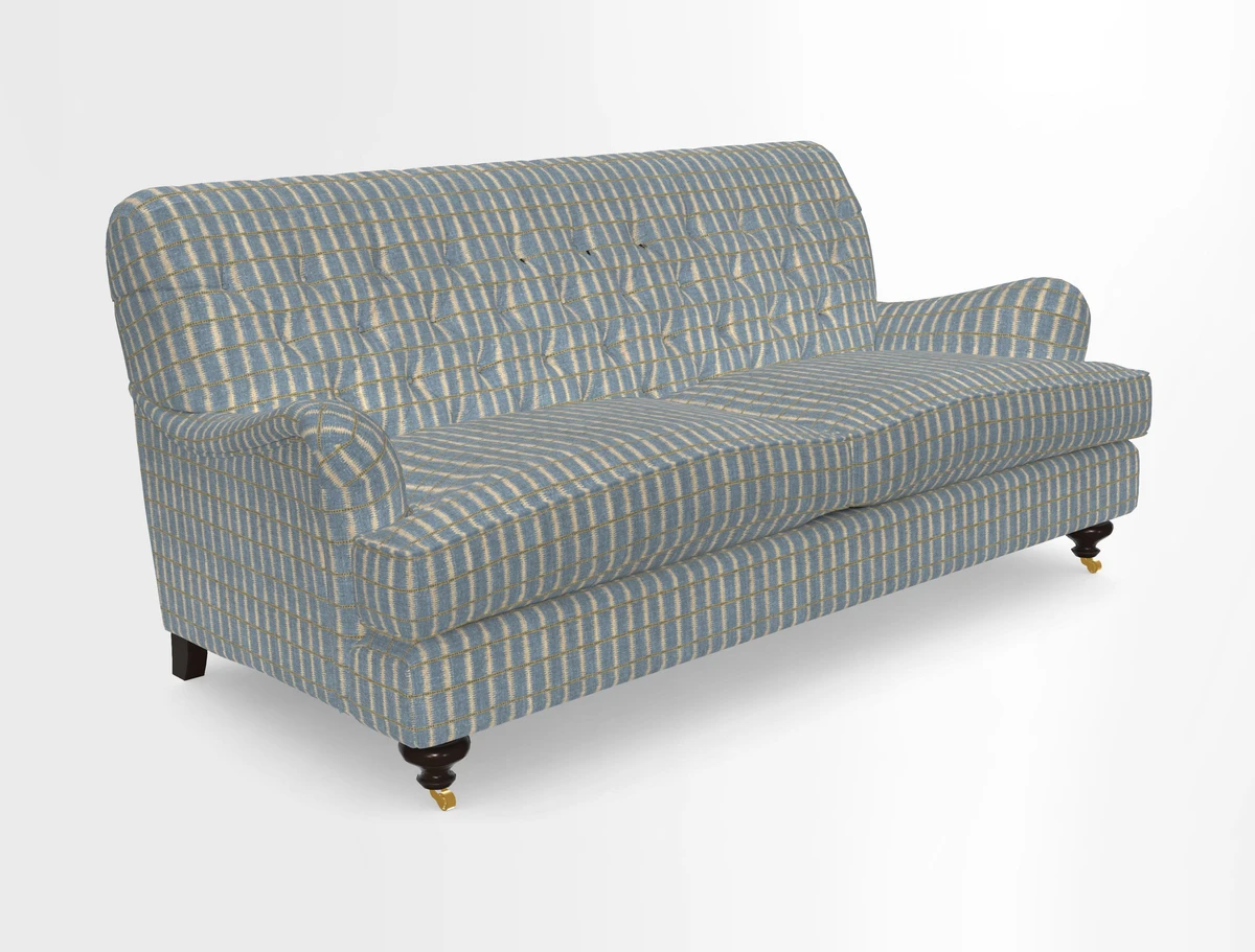Chiddingfold 3 Seater Sofa in Omega Velvet Tawny Velvet and V&A Threads of India Regal Arabesque Flame with scatters in Sulawesi Splendour Jasper