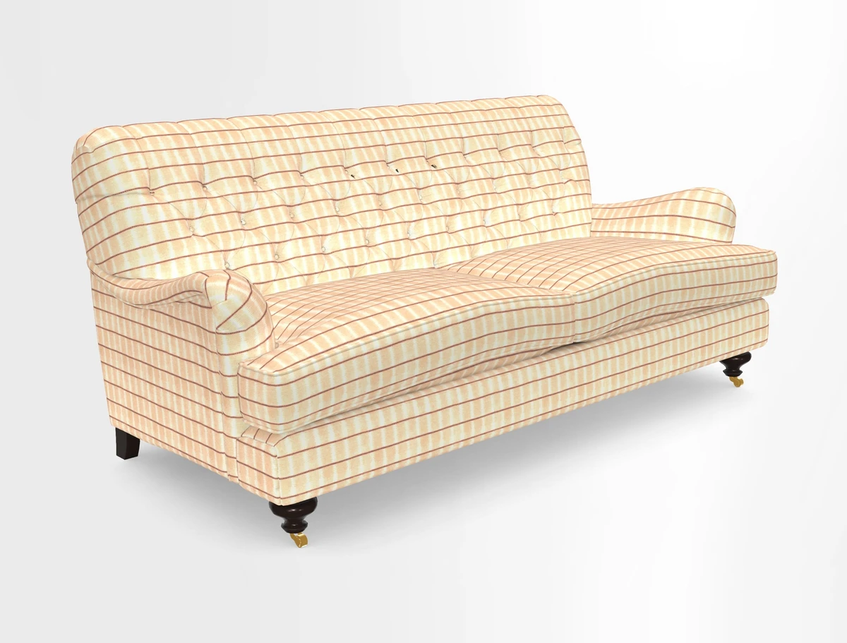 Chiddingfold 3 Seater Sofa in Omega Velvet Tawny Velvet and V&A Threads of India Regal Arabesque Flame with scatters in Sulawesi Splendour Jasper