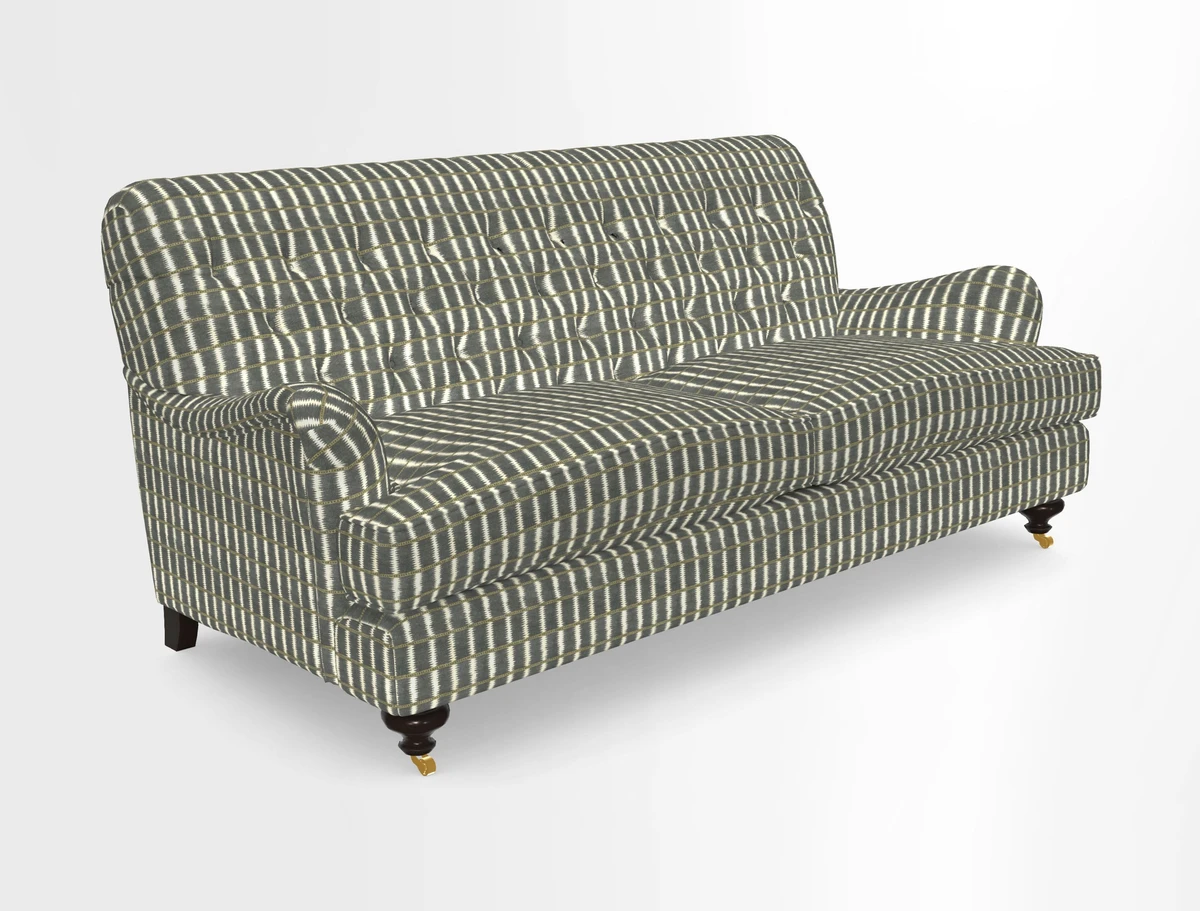 Chiddingfold 3 Seater Sofa in Omega Velvet Tawny Velvet and V&A Threads of India Regal Arabesque Flame with scatters in Sulawesi Splendour Jasper