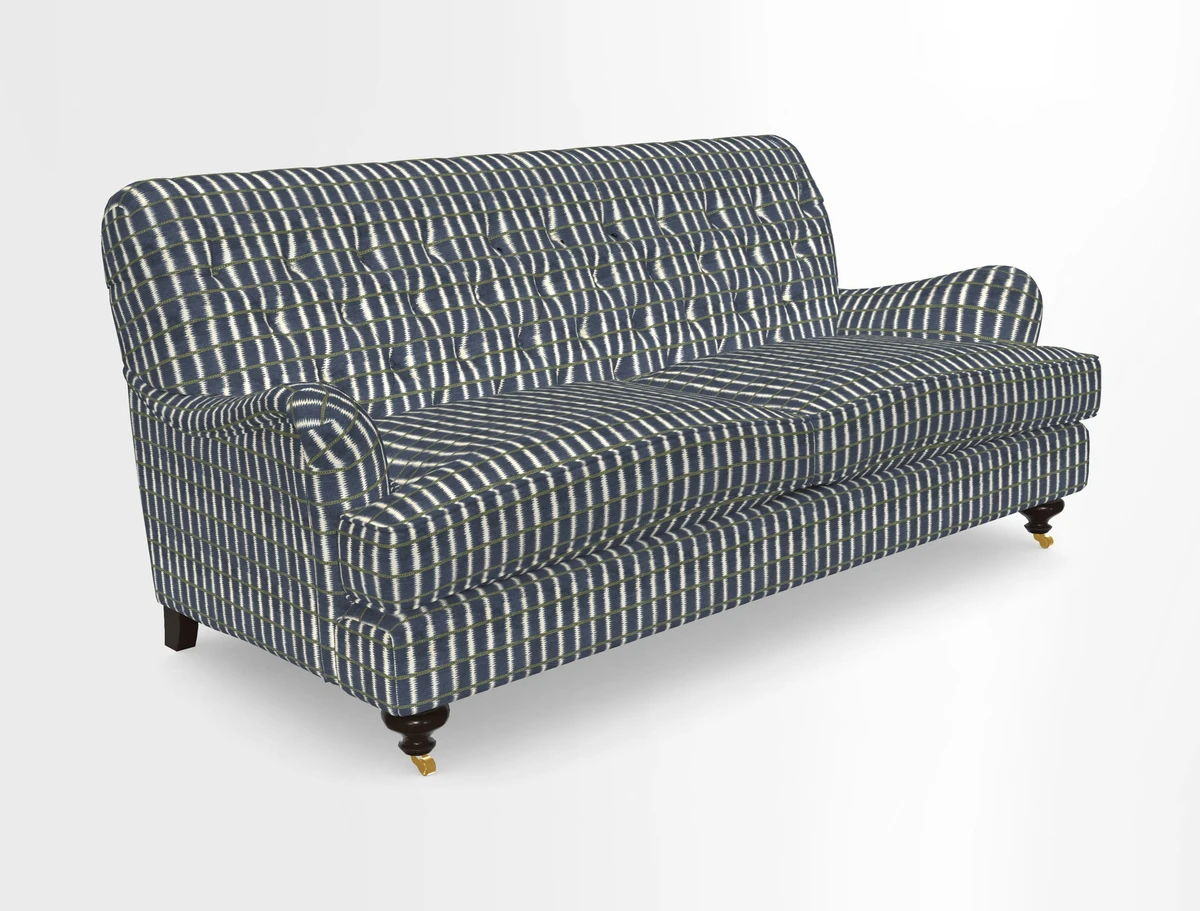 Chiddingfold 3 Seater Sofa in Omega Velvet Tawny Velvet and V&A Threads of India Regal Arabesque Flame with scatters in Sulawesi Splendour Jasper