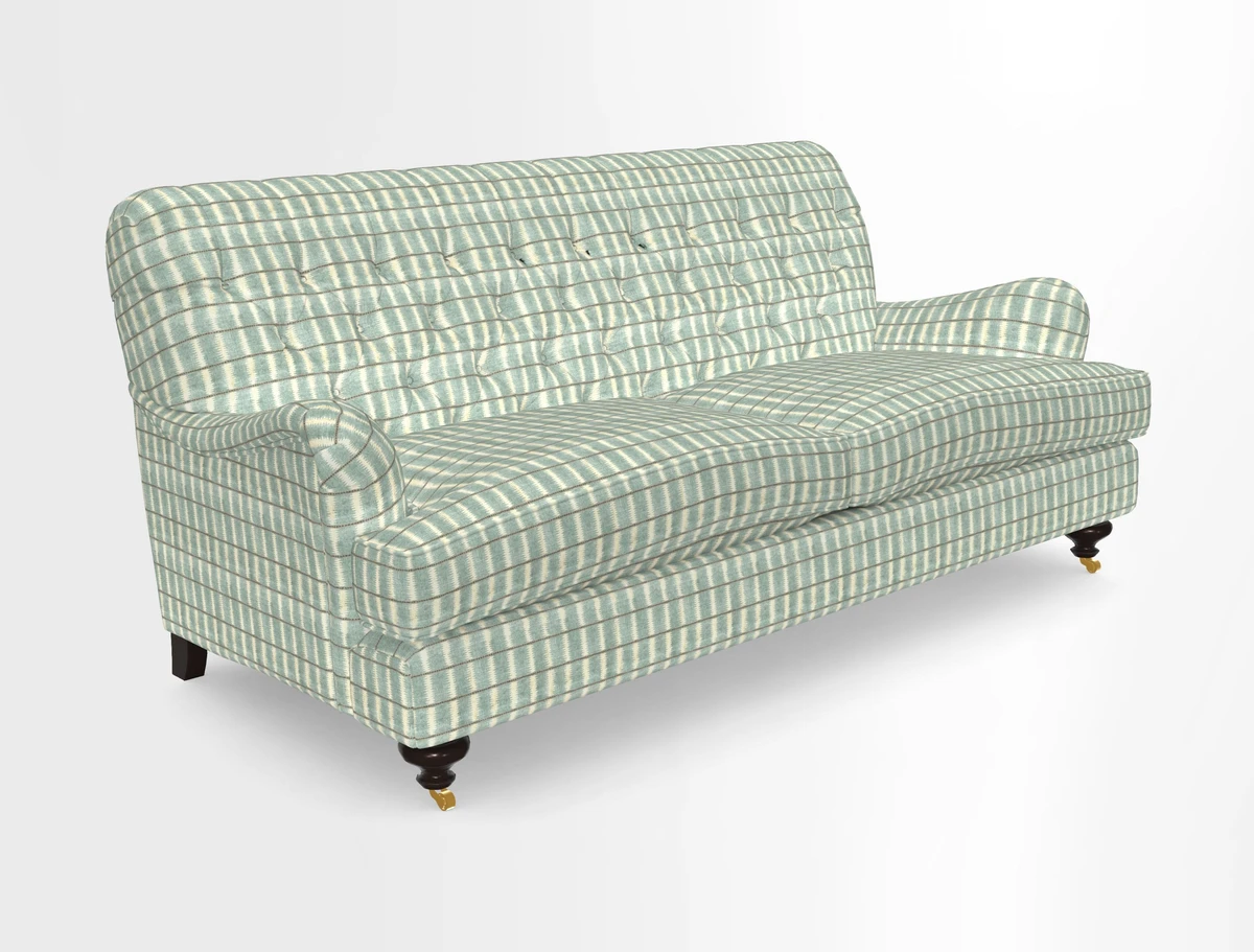 Chiddingfold 3 Seater Sofa in Omega Velvet Tawny Velvet and V&A Threads of India Regal Arabesque Flame with scatters in Sulawesi Splendour Jasper