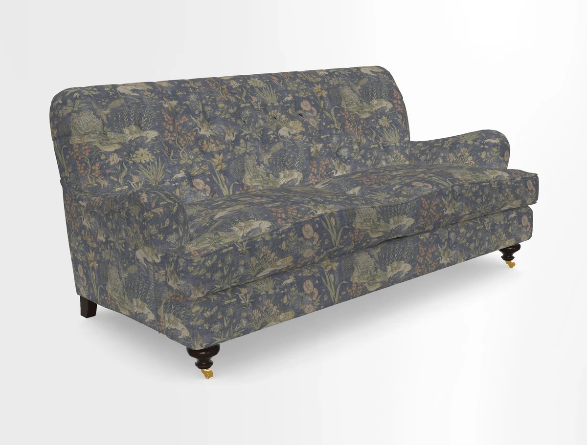 Chiddingfold 3 Seater Sofa in Omega Velvet Tawny Velvet and V&A Threads of India Regal Arabesque Flame with scatters in Sulawesi Splendour Jasper