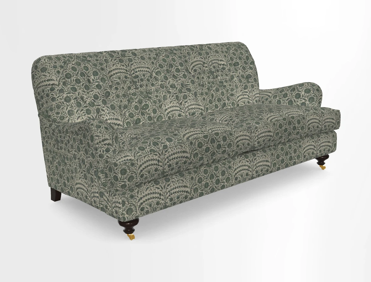 Chiddingfold 3 Seater Sofa in Omega Velvet Tawny Velvet and V&A Threads of India Regal Arabesque Flame with scatters in Sulawesi Splendour Jasper