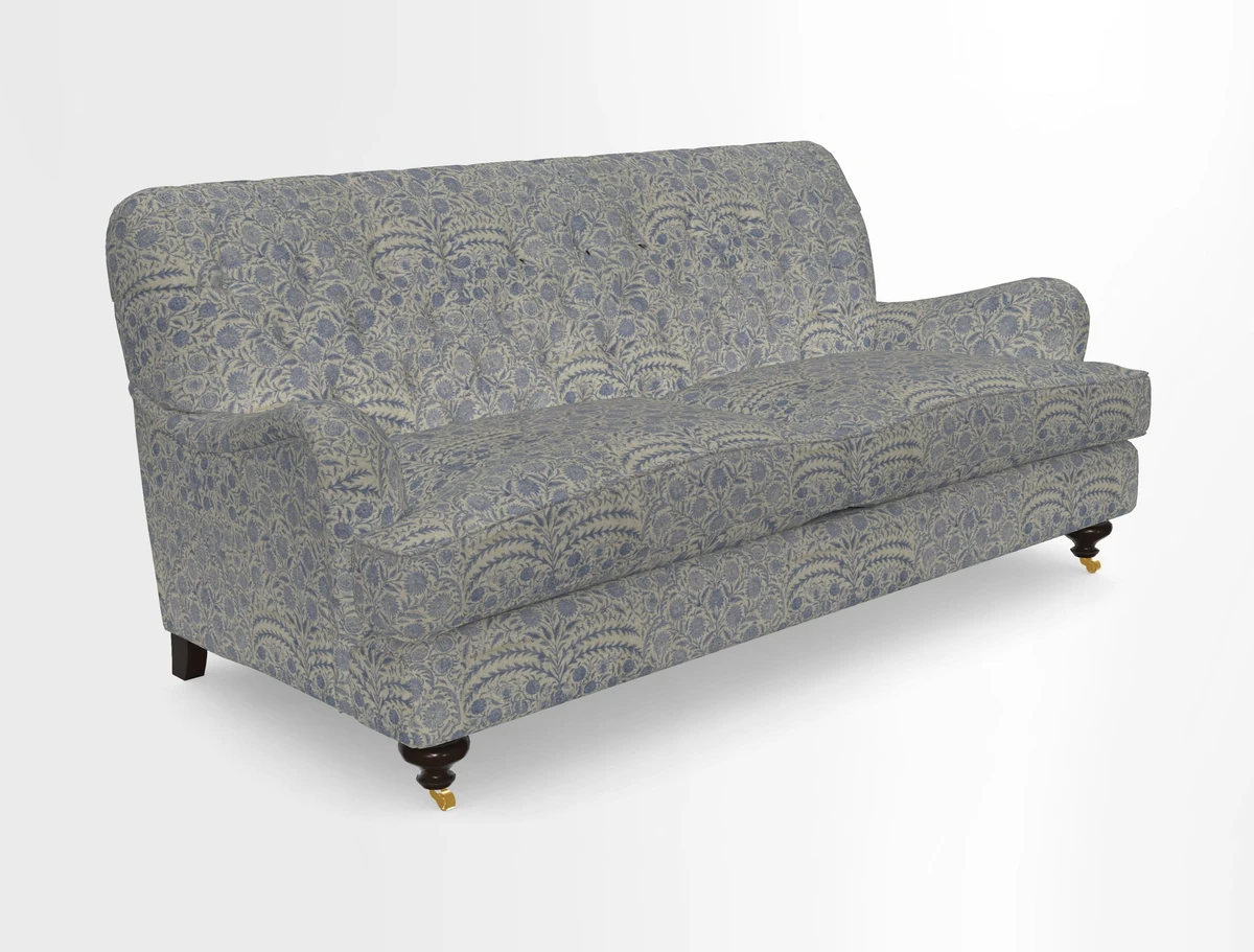 Chiddingfold 3 Seater Sofa in Omega Velvet Tawny Velvet and V&A Threads of India Regal Arabesque Flame with scatters in Sulawesi Splendour Jasper