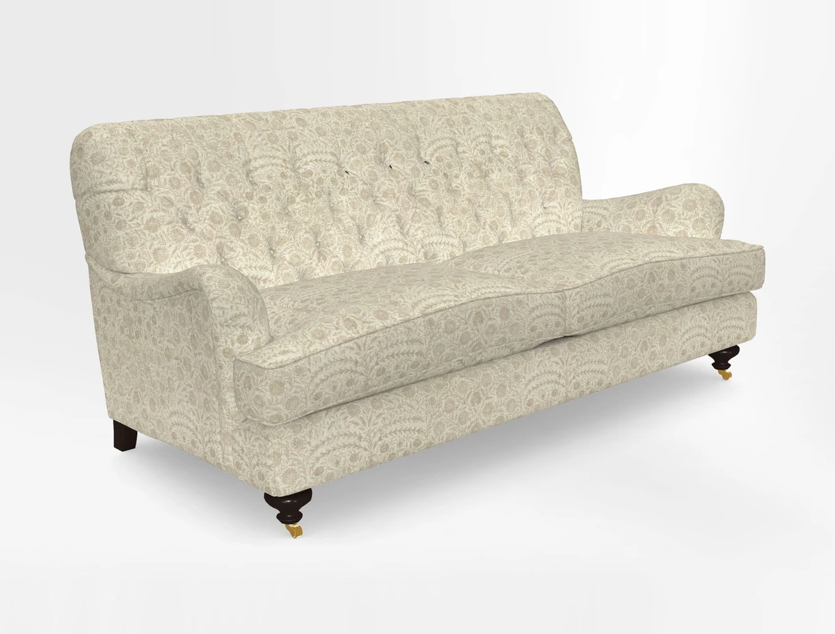 Chiddingfold 3 Seater Sofa in Omega Velvet Tawny Velvet and V&A Threads of India Regal Arabesque Flame with scatters in Sulawesi Splendour Jasper