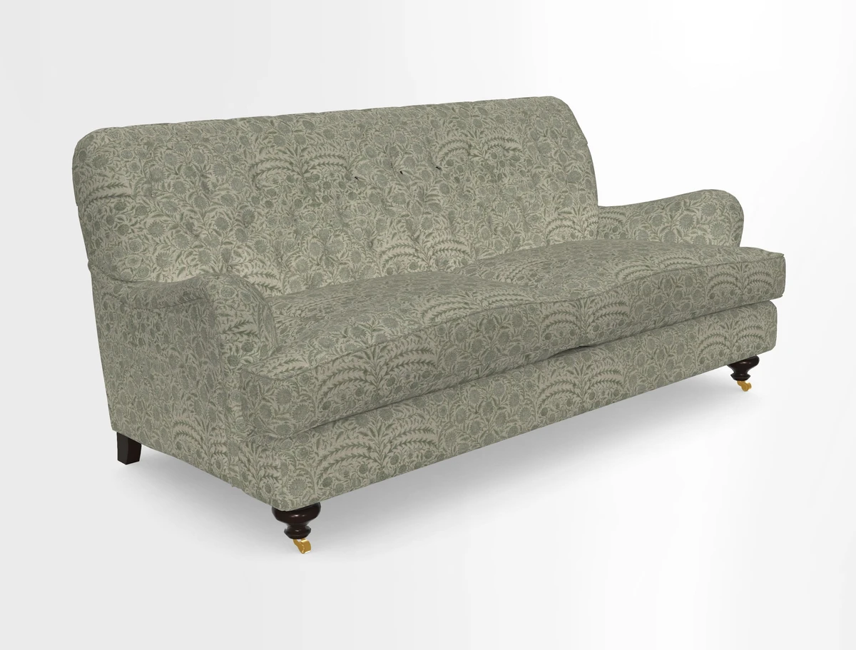 Chiddingfold 3 Seater Sofa in Omega Velvet Tawny Velvet and V&A Threads of India Regal Arabesque Flame with scatters in Sulawesi Splendour Jasper