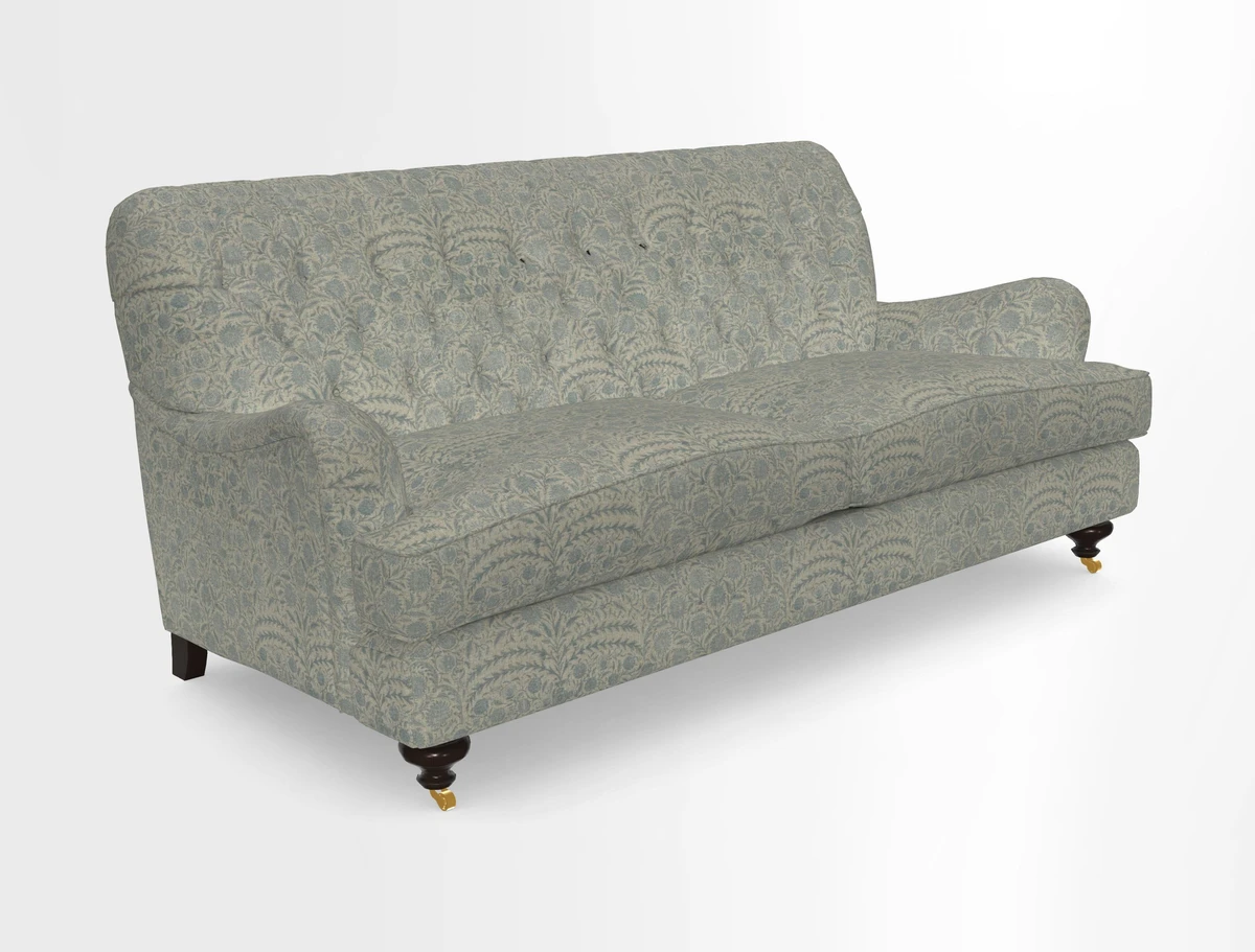 Chiddingfold 3 Seater Sofa in Omega Velvet Tawny Velvet and V&A Threads of India Regal Arabesque Flame with scatters in Sulawesi Splendour Jasper