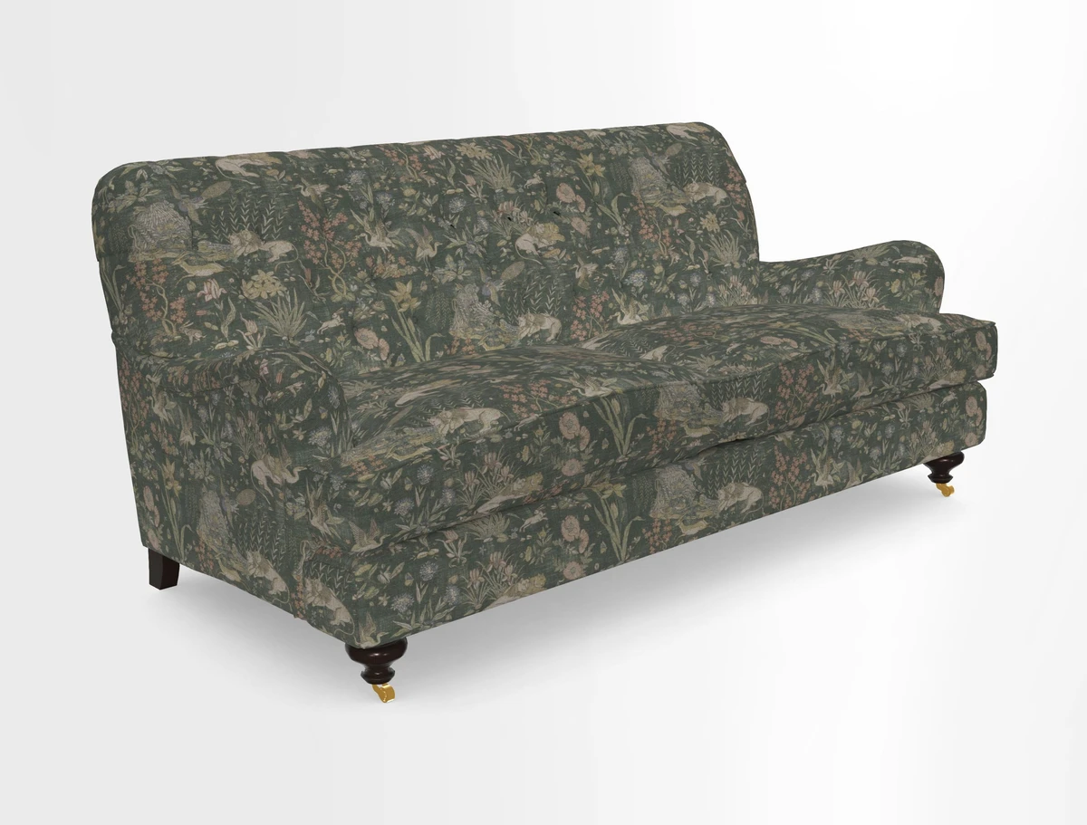Chiddingfold 3 Seater Sofa in Omega Velvet Tawny Velvet and V&A Threads of India Regal Arabesque Flame with scatters in Sulawesi Splendour Jasper