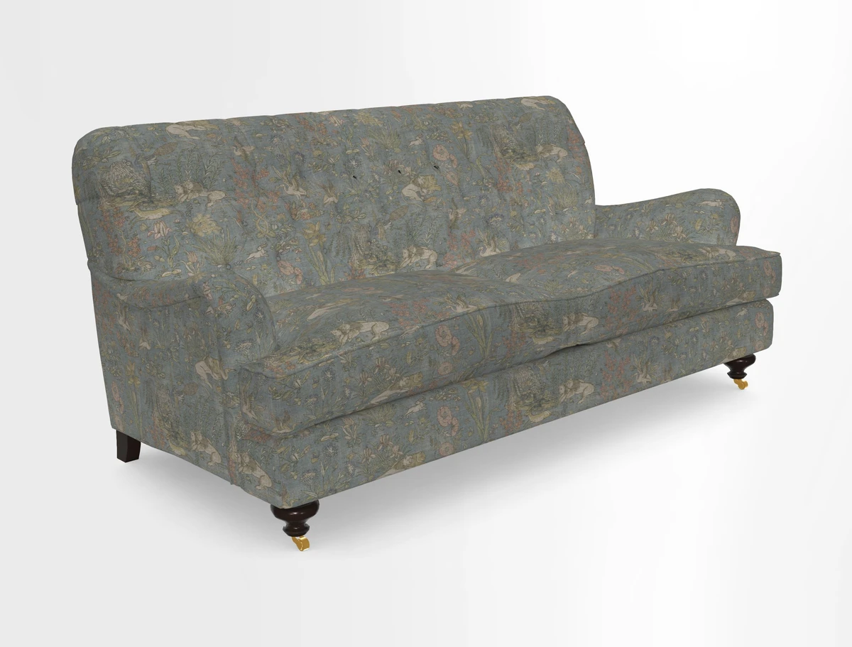 Chiddingfold 3 Seater Sofa in Omega Velvet Tawny Velvet and V&A Threads of India Regal Arabesque Flame with scatters in Sulawesi Splendour Jasper