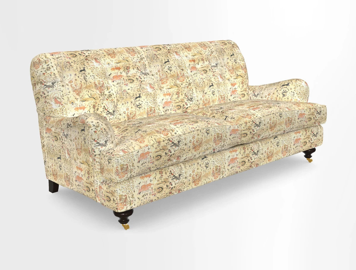 Chiddingfold 3 Seater Sofa in Omega Velvet Tawny Velvet and V&A Threads of India Regal Arabesque Flame with scatters in Sulawesi Splendour Jasper