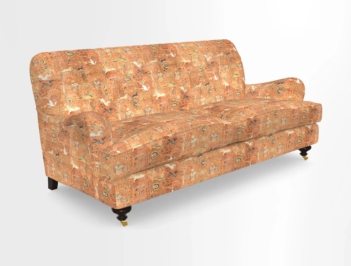 Chiddingfold 3 Seater Sofa in Omega Velvet Tawny Velvet and V&A Threads of India Regal Arabesque Flame with scatters in Sulawesi Splendour Jasper