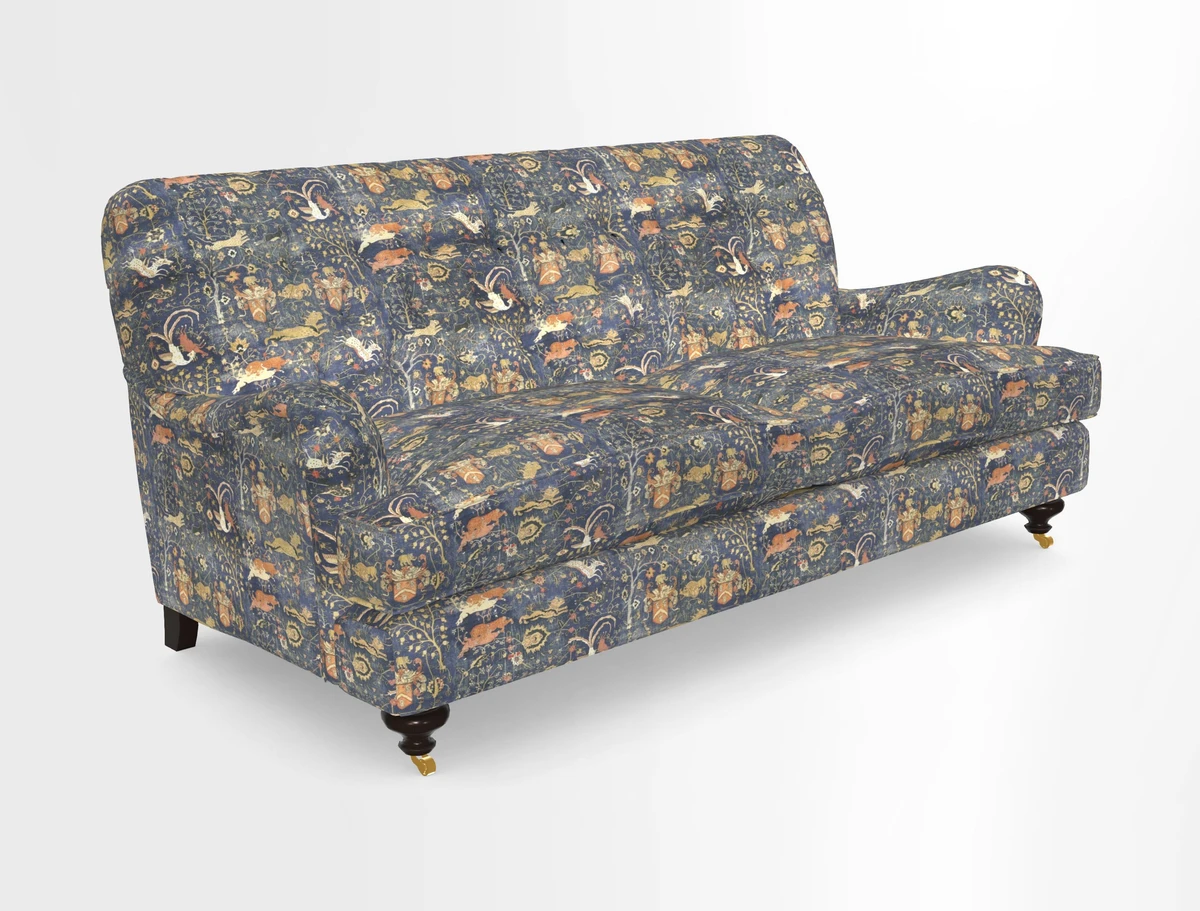 Chiddingfold 3 Seater Sofa in Omega Velvet Tawny Velvet and V&A Threads of India Regal Arabesque Flame with scatters in Sulawesi Splendour Jasper