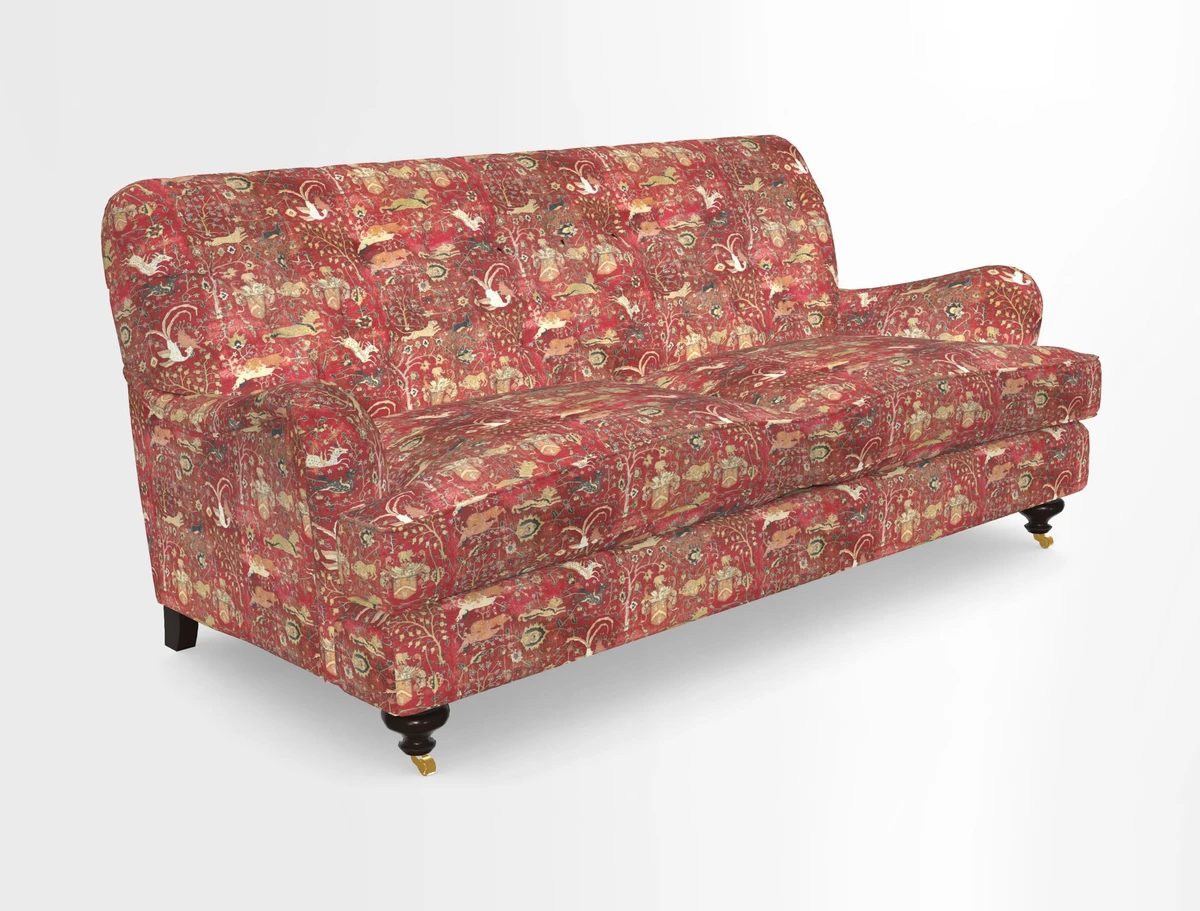 Chiddingfold 3 Seater Sofa in Omega Velvet Tawny Velvet and V&A Threads of India Regal Arabesque Flame with scatters in Sulawesi Splendour Jasper