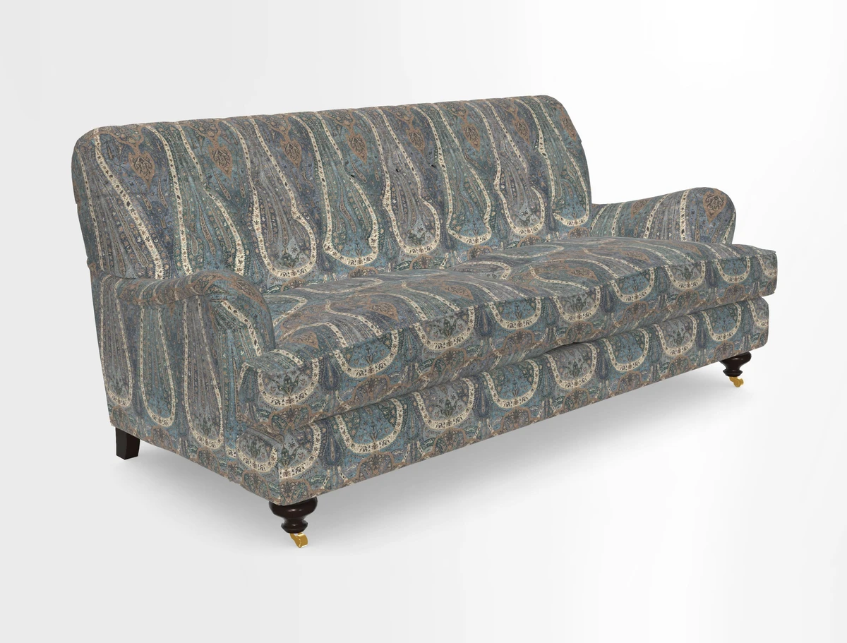 Chiddingfold 3 Seater Sofa in Omega Velvet Tawny Velvet and V&A Threads of India Regal Arabesque Flame with scatters in Sulawesi Splendour Jasper